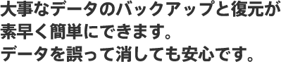 大事なデータのバックアップと復元が素早く簡単にできます。データを誤って消しても安心です。